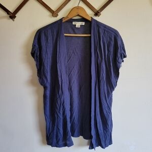 Vintage August Silk Short Sleeve Open Cardigan Linen Blend Blue Small S